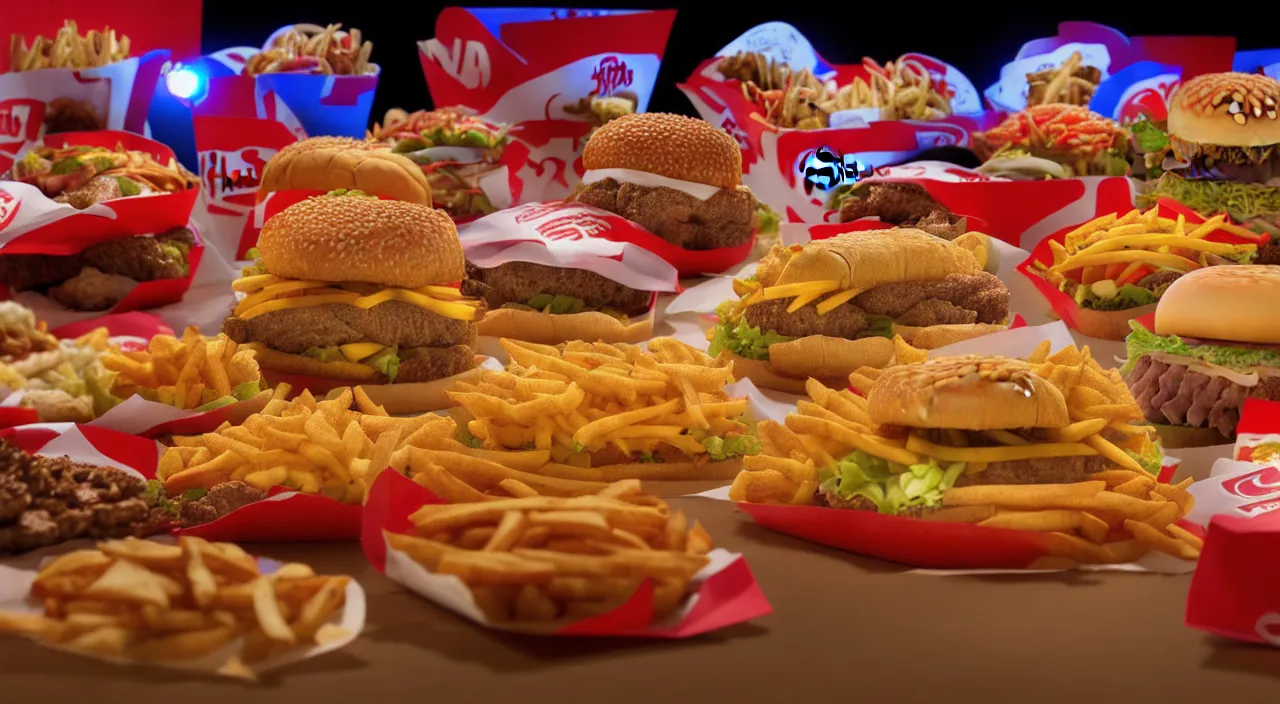 Image similar to high quality photo of mounds of fast food arranged in the shape of the US map cinematic lighting 8k wide angle shallow depth of field