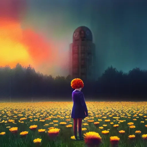 Image similar to giant daisy flower head, standing frontal, a girl in a suit, surreal photography, sunrise, dramatic light, impressionist painting, digital painting, artstation, simon stalenhag