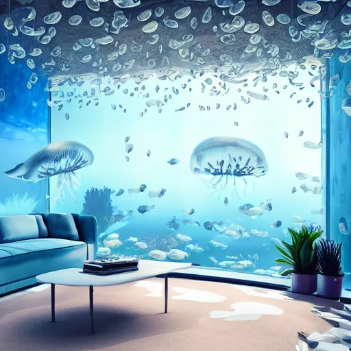 Image similar to the realistic photo of the modern room as aquarium with a chandelier as a big jellyfish, beautiful corals on the walls and sharks in the big panoramic window, under the ocean, realistic colors, realistic shadows, daylight made in blender, hd, 3 d by beeple and damian hirst