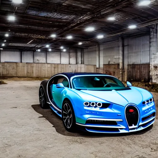 Prompt: an abandoned rusty bugatti chiron in a dirty warehouse