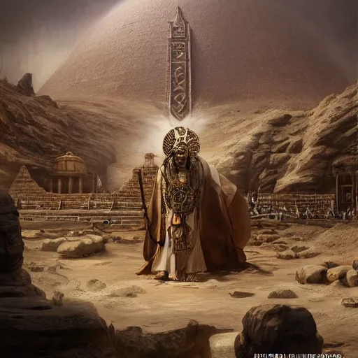 Image similar to an african moor wearing white robes and turban in the valley of the kings, ornate steampunk stargate, front game card, marvel comics, dark, intricate, highly detailed, smooth, artstation, digital illustration by ruan jia and mandy jurgens and artgerm and wayne barlowe and greg rutkowski and zdislaw beksinski.