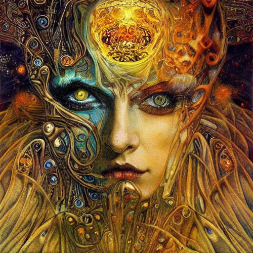 Image similar to Divine Chaos Engine by Karol Bak, Jean Deville, Gustav Klimt, and Vincent Van Gogh, beautiful visionary mystical portrait, sacred, otherworldly, fractal structures, ornate gilded medieval icon, third eye, spirals