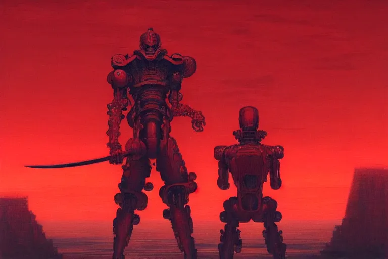 Image similar to only with red, a red cyborg samurai, tokio futuristic in background, some evil yokai, in the style of beksinski, parts by edward hopper, parts by rodcenko, parts by yue minjun, intricate and epic composition, red by caravaggio, insanely quality, highly detailed, masterpiece, red light, artstation, 4 k