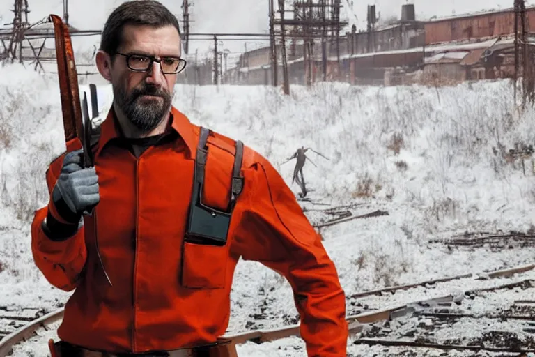 Image similar to vfx movie closeup real life gordon freeman holding wearing futuristic armor, half life logo on chest, crowbar in russian train yard by emmanuel lubezki