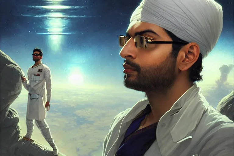 Image similar to Sensual good looking pale young Indian doctors wearing Deus Ex clothing in a space station above Earth, portrait, elegant, intricate, digital painting, artstation, concept art, smooth, sharp focus, illustration, art by artgerm and greg rutkowski and alphonse mucha