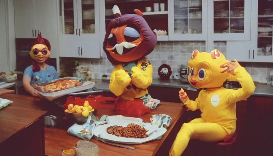 Prompt: 1 9 9 0 s candid 3 5 mm photo of a beautiful day in the family kitchen, cinematic lighting, cinematic look, golden hour, an absurd costumed mascot from the strange food giant face space club show is eating all of the kids cereal, the kids are hungry and the mascot is eating all of their food, uhd