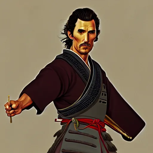 Image similar to portrait of a samurai matthew mcconaughey, artstation, cartoon, elegant, highly detailed, digital painting, clean! outstanding! art by ghibli, makoto shinkai, fujita goro, giraud, akihiko yoshida, fadeev 8 k