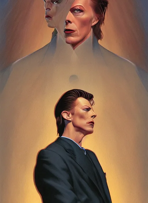 Image similar to twin peaks poster art, portrait of david bowie split half in darkness, by michael whelan, rossetti bouguereau, artgerm, retro, nostalgic, old fashioned