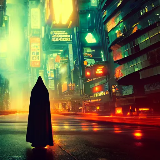 Image similar to Halloween ghost under a sheet, floating ghost, floating over futuristic metropolis sidewalk, at night, bright neon city lights, blade runner, trending on artstation, matte finish, volumetric lighting, 8k, 4k