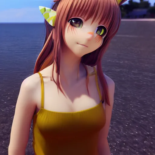 Image similar to Render of a very beautiful 3d anime girl, long hair, hazel eyes, cute freckles, full round face, cat ears, short smile, cute sundress, golden hour, serene beach setting, medium shot, mid-shot, highly detailed, trending on Artstation, Unreal Engine 4k