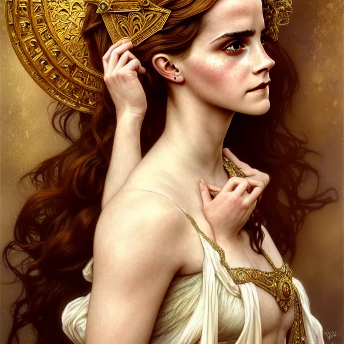 Image similar to ancient queen elegant naive emma watson, symetrical, diffuse lighting, fantasy, intricate, elegant, highly detailed, lifelike, photorealistic, digital painting, artstation, illustration, concept art, 4 k, smooth, sharp focus, art by john collier and albert aublet and krenz cushart and artem demura and alphonse mucha