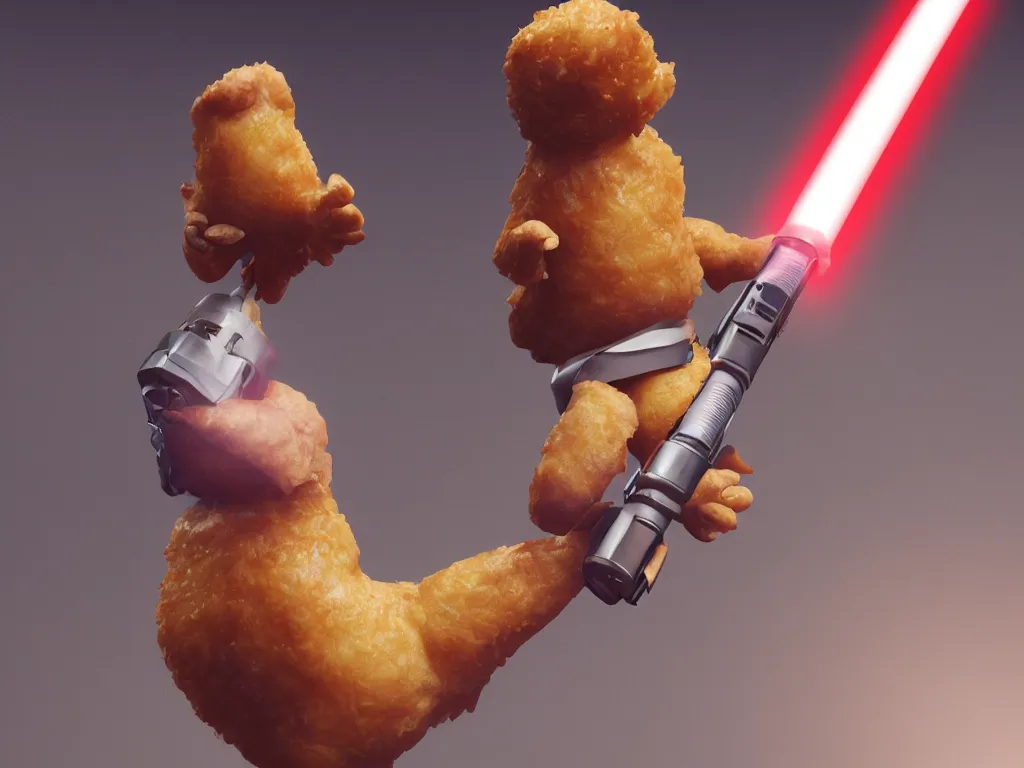 Prompt: chicken nugget holding a lightsaber, concept art, cgsociety, octane render, trending on artstation, artstationHD, artstationHQ, unreal engine, 4k, 8k