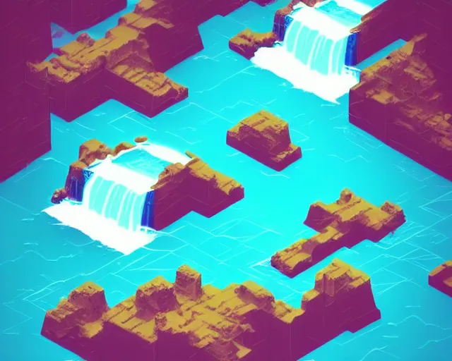 Prompt: isometric game art of a very beautiful turquoise blue waterfall, game design concept, trending on artstation, cgsociety