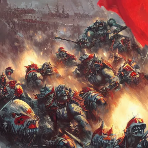 Image similar to Orcs from Warhammer Fantasy with USSR flags are charging by Greg Rutkowski