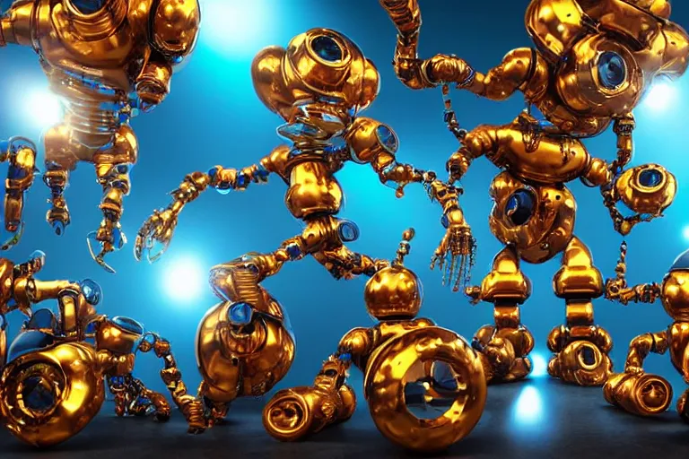 Prompt: a queue of 7 golden and blue metal humanoid steampunk robots dancing inside a television studio from americas got talent, robots are wearing and gears and tubes, eyes are glowing red lightbulbs, shiny crisp finish, 3 d render, 8 k, insaneley detailed, fluorescent colors, nightlight