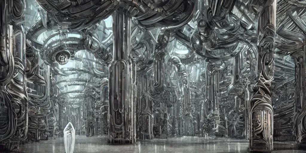 Prompt: the depths of a matrioshka world, large pillars holding up an artificial ceiling, giger inspired architecture, rigid artificial brutalism, misty environment, ominous white diffuse orbs of light, alan bean influences
