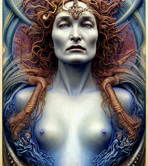 Image similar to detailed realistic beautiful young alien robot jessica lange as queen of mars face portrait by jean delville, gustave dore and marco mazzoni, art nouveau, symbolist, visionary, gothic, pre - raphaelite. horizontal symmetry by zdzisław beksinski, iris van herpen, raymond swanland and alphonse mucha. highly detailed, hyper - real, beautiful