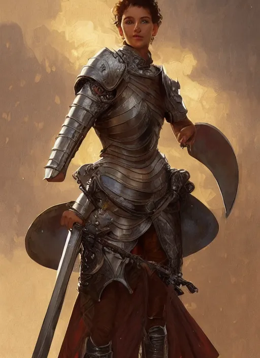 Image similar to medium-length portrait of a female knight with short curly hair and brown eyes, dark brown skin, happy expression, wears a combination of plate armor and boiled leather, medieval setting, highly detailed, digital painting, artstation, concept art, sharp focus, illustration, art by greg rutkowski and alphonse mucha