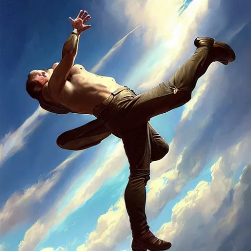 Prompt: a man flying through the sky. photorealistic. realism. 4 k wideshot. cinematic. unreal engine. masterpiece. rule of thirds. beautiful. artgerm. marc simonetti. jc leyendecker