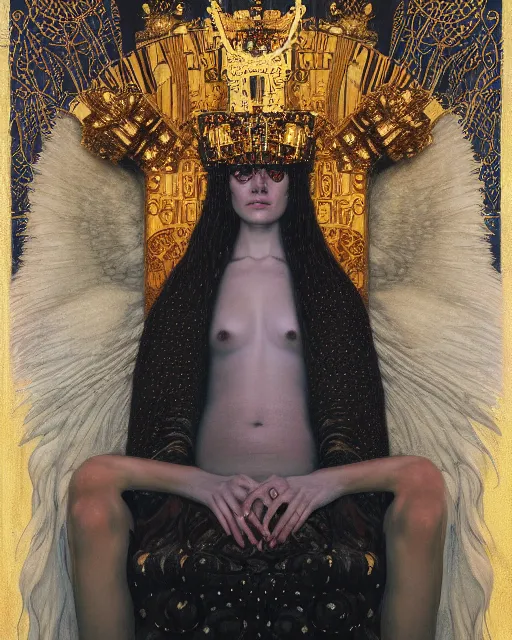 Image similar to full view Symbolic portrait of an ethereal Queen wearing a crown of sorrow sitting on throne by Gerald Brom and Gustav Klimt, detailed and realistic, featured on Artstation, soft lighting, behance