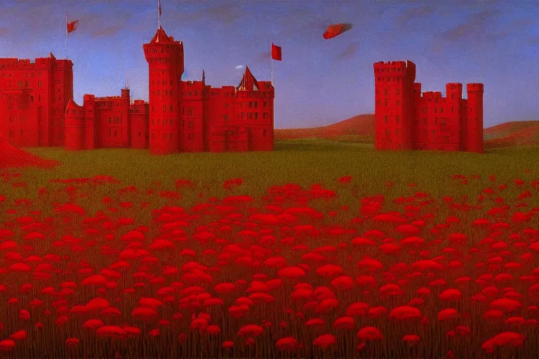 Image similar to only with red, red flowers of different types, a castle in the background, red giants rest over the flowers, in the style of beksinski, part by hopper, part by rodcenko, part by hofbauer, intricate composition, red by caravaggio, insanely quality, highly detailed, masterpiece, red light, artstation, 8 k