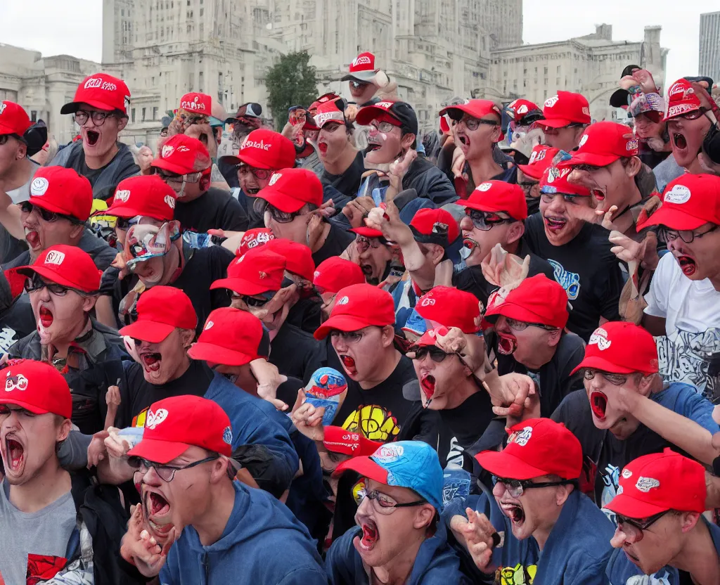 Image similar to a group of angry clowns wearing red trucker hats with logos attacking a government building