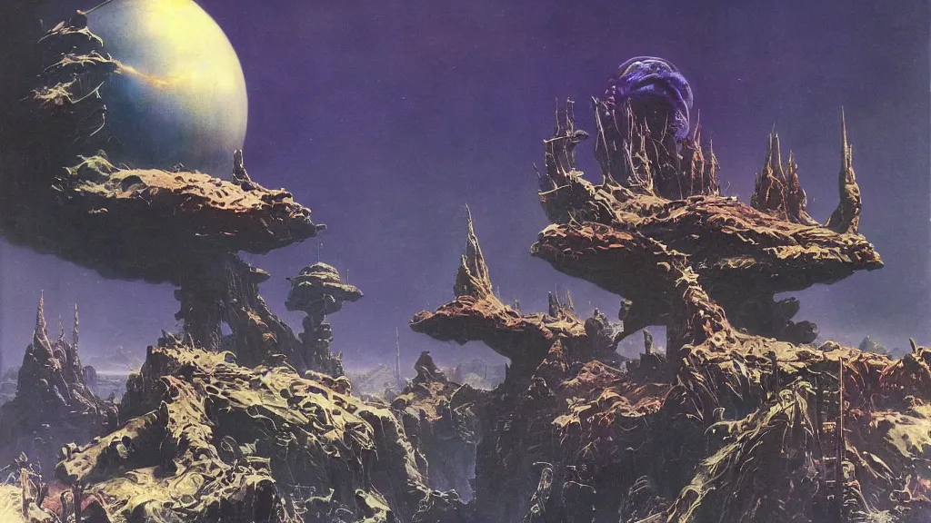 Image similar to eerie alien planet empire by frank frazetta and bruce pennington, cinematic matte painting