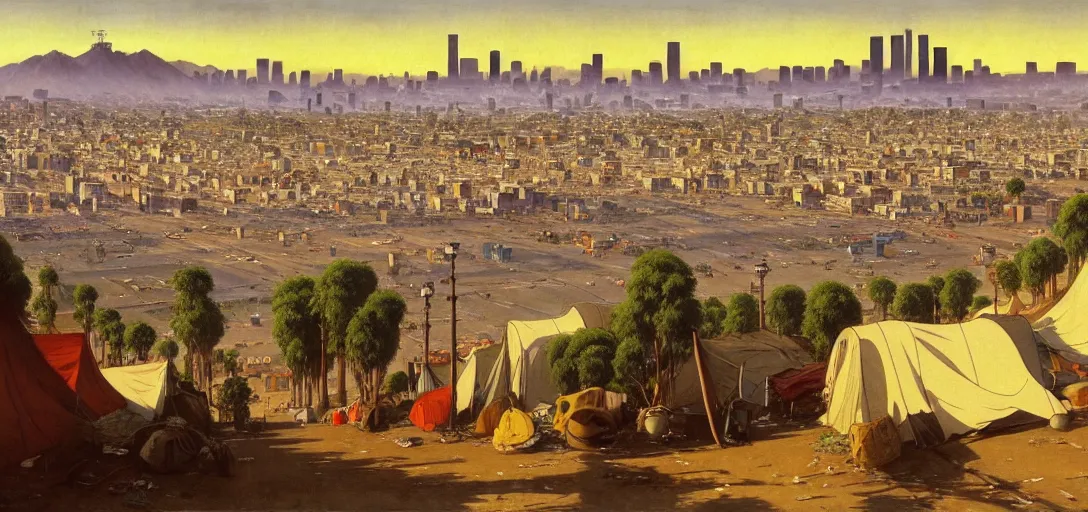 Image similar to ghibli illustrated background of strikingly beautiful skid row, los angeles, california, with strange city skyline is seen in the distance, tents, streets by vasily polenov, eugene von guerard, ivan shishkin, albert edelfelt, john singer sargent, albert bierstadt 4 k