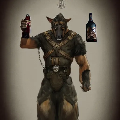 Image similar to a humanoid german shepherd beast - man in military style, holding a bottle of beer, artstation, concept art, smooth, sharp foccus ilustration, artstation