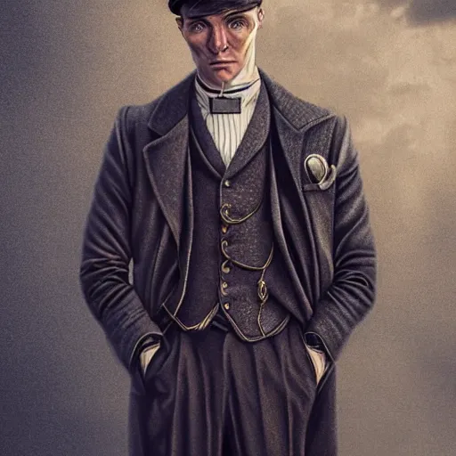 Image similar to a portrait of thomas shelby from the peaky blinders in front of atlantis, in the style of Benjamin Bader, sharp, highly detailed, realistic face, digital art, epic, fantasy, artstation