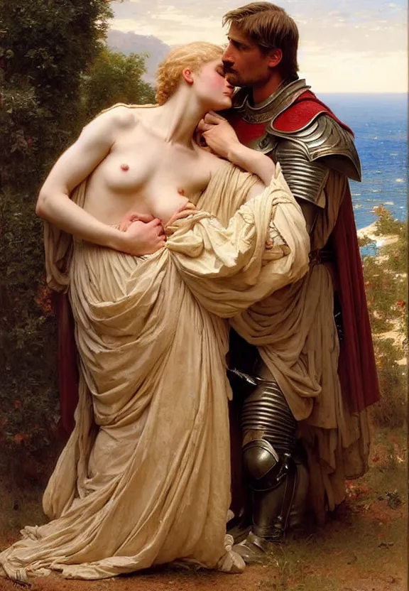 Image similar to attractive handsome fully clothed jaime lannister confesses his love and kisses attractive fully armored brienne of tarth. two knights in love. highly detailed painting by gaston bussiere and j. c. leyendecker and william adolphe bouguereau, musee d'orsay 8 k