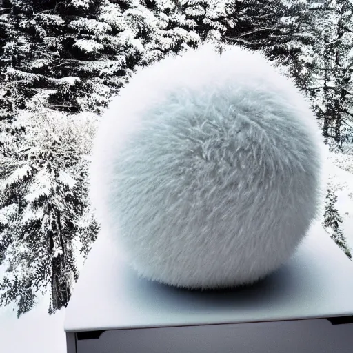 Prompt: a perfect white snowy frosty hairy fur sphere, standing on the wooden desk, kodak, grain, ultrarealistic photo, museum photo