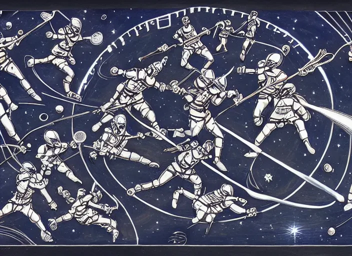 Image similar to lacrosse team playing chitauri, intergalactic championship, in space, highly detailed, 8k, intricate, engraving