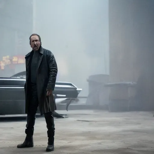 Prompt: production still of Nicolas Cage in Blade Runner 2049