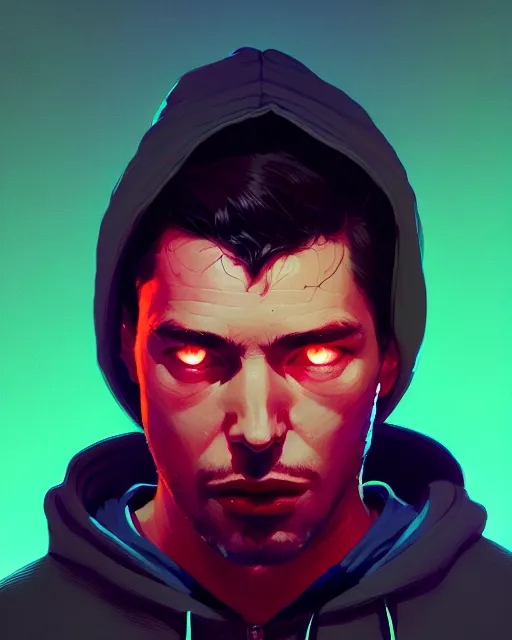 Image similar to neo - noir, hyper - realistic portrait of a man in a hoodie, intricate, 4 k, by atey ghailan, by greg rutkowski, by greg tocchini, by james gilleard, by joe fenton, by kaethe butcher, dynamic lighting, lighting color scheme, sharp focus, grunge aesthetic