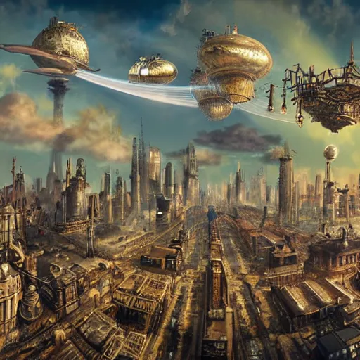 Prompt: a sprawling fantasy city with steampunk airships floating in the sky there are tall towers with searchlights aimed towards the sky photograph wide angle