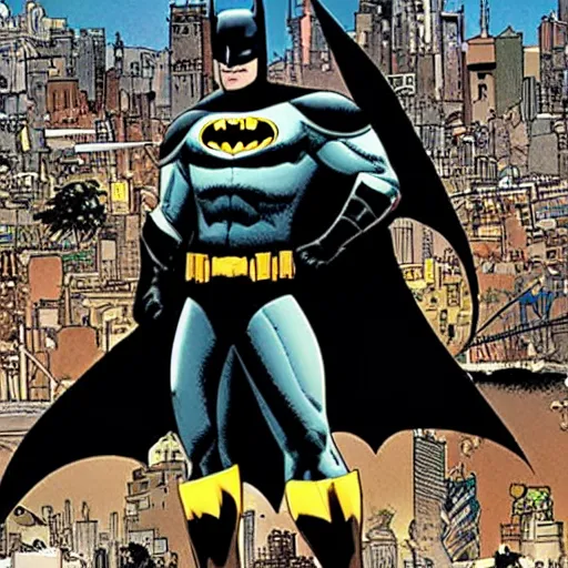 Prompt: batman in complex city background, by Geoff Darrow