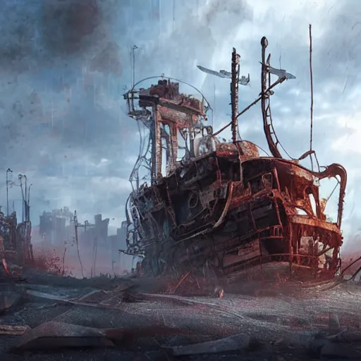 Prompt: apocalyptic, ruined future city. rusted future pirate ship with electronic thunders coming out. volumetric lighting, sharp focus, ultra detailed, cgsociety - w 1 0 2 4 - n 8 - i