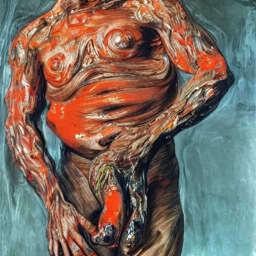 Image similar to high quality high detail painting of a dark figure in agony by lucian freud and jenny saville and francis bacon, hd, dark demonic dancer, turquoise and orange