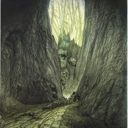 Prompt: hall of the mountain king, Alan Lee