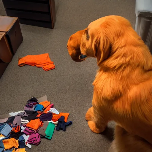 Image similar to An orange dog staring at a drawer filled with socks on fire, high-resolution photo