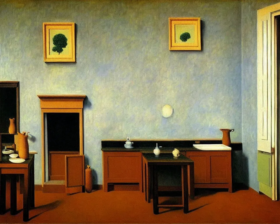 Image similar to achingly beautiful painting of a sophisticated, well - decorated kitchen by rene magritte, monet, and turner.