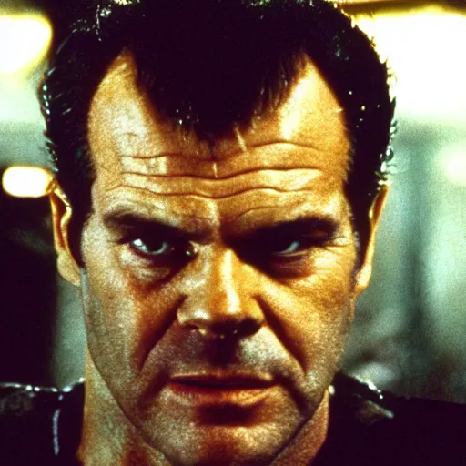 Image similar to 30 year old Jack Nicholson as Rick Deckard on blade runner 1982, movie still, in color, movie frame, detailed face, symmetrical face, 4k,