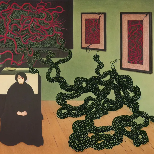 Image similar to a pathology student in her apartment, wrapped in vines, large stones, octopus, black walls, ikebana, black armchair, puddles, moss, acrylic on canvas, surrealist, by magritte and monet