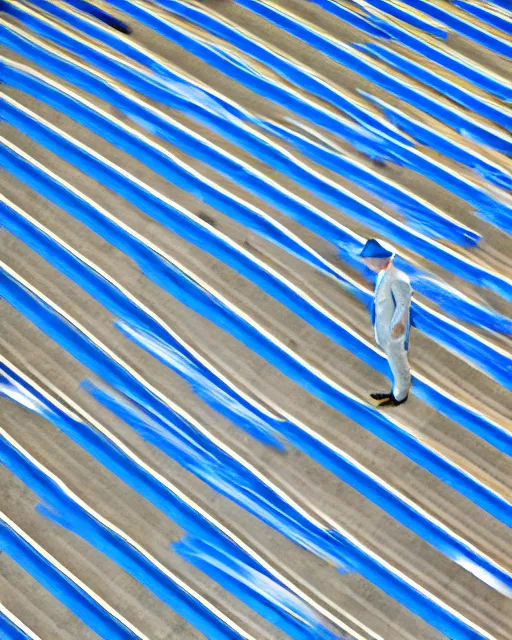 Prompt: blue fedora, wind tunnel aerodynamics testing, stoic pic scale surrealist minimalist photography in the style of Andreas Gursky