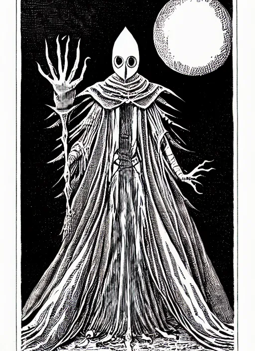 Image similar to the flatwoods monster as a d & d monster, full body, pen - and - ink illustration, etching, by russ nicholson, david a trampier, larry elmore, 1 9 8 1, hq scan, intricate details, inside stylized border