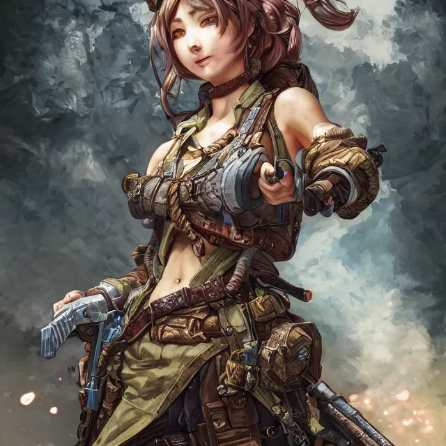 Image similar to the portrait of lawful neutral semi - colorful female infantry gunner as absurdly beautiful, gorgeous, elegant, young gravure idol, an ultrafine hyperdetailed illustration by kim jung gi, irakli nadar, intricate linework, bright colors, octopath traveler, final fantasy, unreal engine 5 highly rendered, global illumination, radiant light, detailed and intricate environment