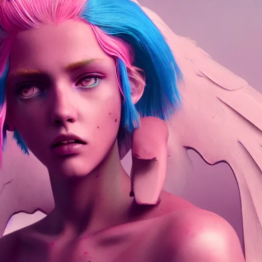 Image similar to beautiful warrior angel with pink hair, upper body, blue piercing eyes, mystery, beautiful aesthetic, by james jean, trending on artstation, digital art, octane render, 8 k, ultra realistic