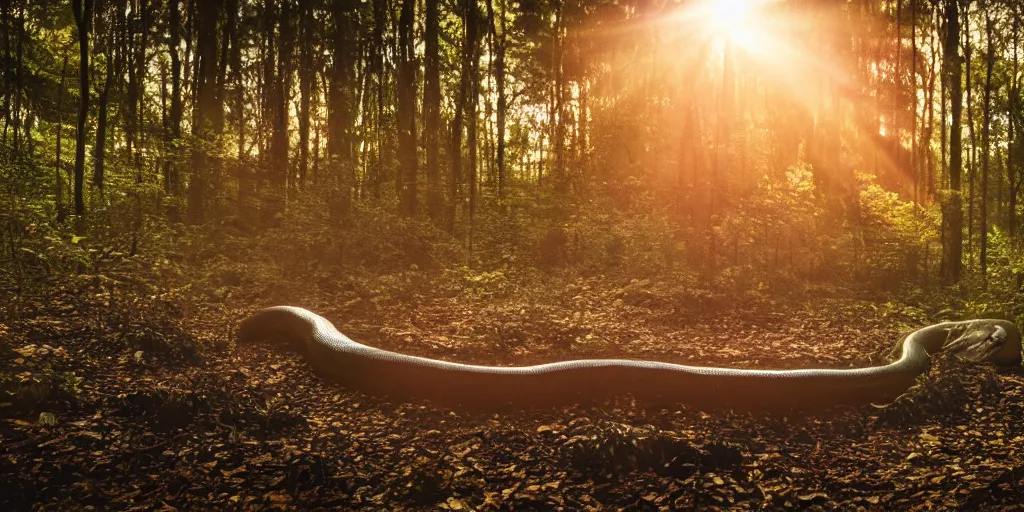 Image similar to a highly detailed giant snake god floating in the middle of a forest, beautiful ambient light, sun rays hitting the slightly translucent creature, his eyes are black and stare deeply into our soul, golden hour, 8k photography