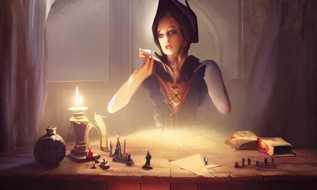 Image similar to witch doing a card trick, cardistry, cards, fantasy, digital art, soft lighting, wide shot, 8 k, fantasy concept art by greg rutkowski